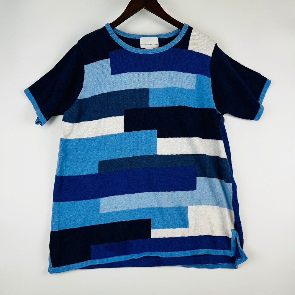 Susan Graver Womens Thick Knit Short Sleeve Sweater 1X‎ Blue Patchwork 90'S